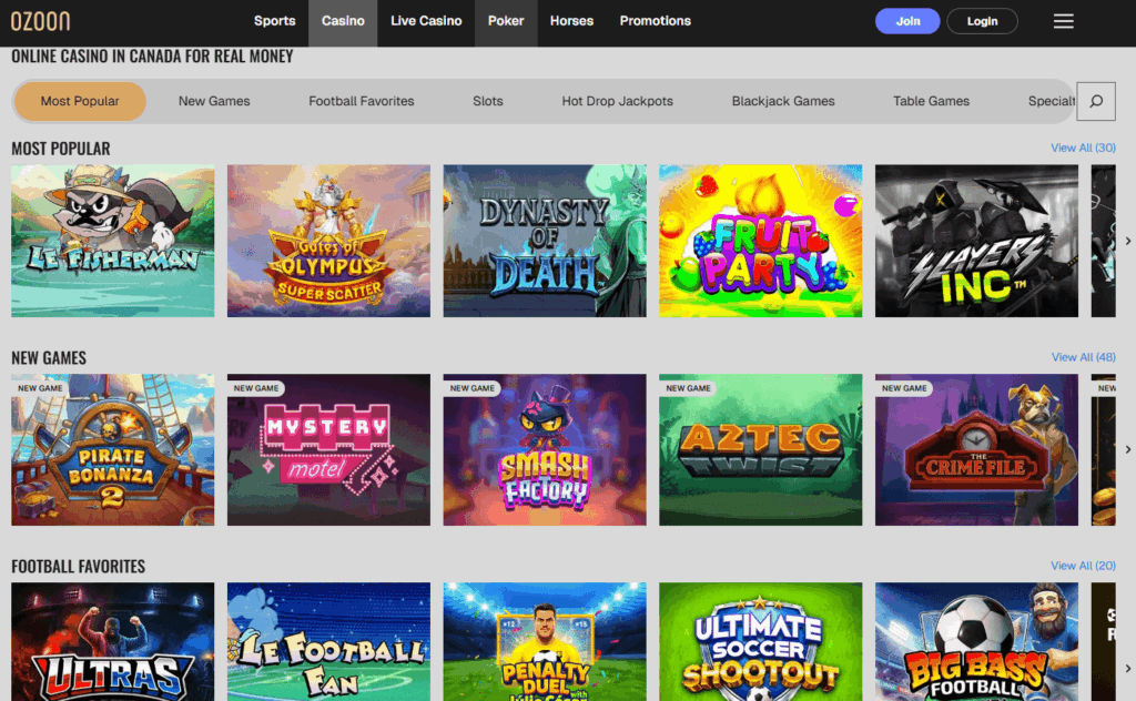 Ozoon casino games lobby and software categories