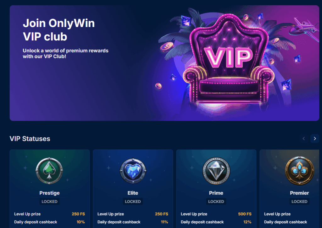 OnlyWin Casino VIP program tiers and loyalty rewards