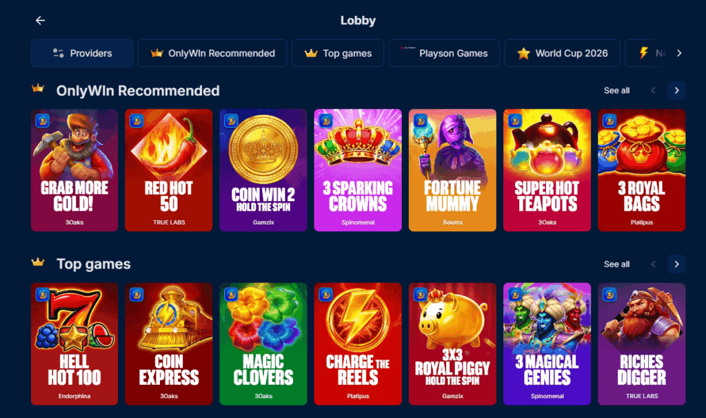 OnlyWin Casino slots lobby and software providers